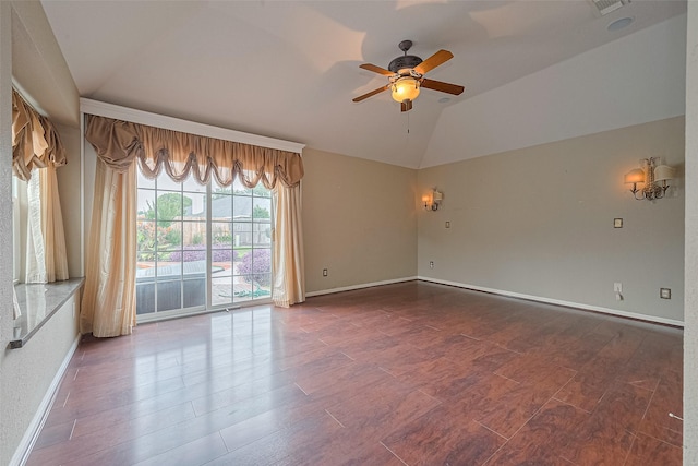 14202 Valley Bend Ct, Sugar Land, TX 77498 - unfurnished room with vaulted ceiling, dark wood-style flooring, a ceiling fan, and baseboards