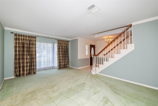 6211 Darby Way, Spring, TX 77389 - unfurnished living room with stairs, a chandelier, baseboards, carpet, and ornamental molding