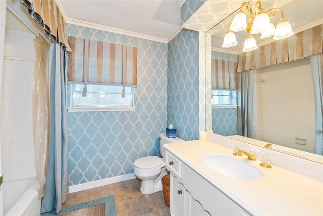 6211 Darby Way, Spring, TX 77389 - bathroom featuring vanity, a chandelier, ornamental molding, shower / bathtub combination with curtain, and toilet