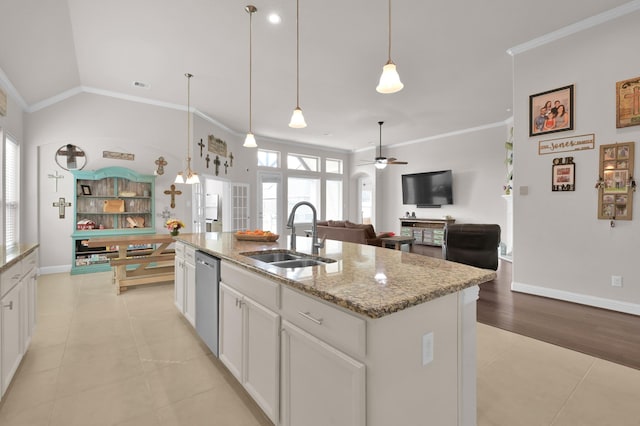 9103 Lacombe Ln, Tomball, TX 77375 - kitchen featuring a sink, crown molding, dishwasher, a ceiling fan, and light tile patterned floors