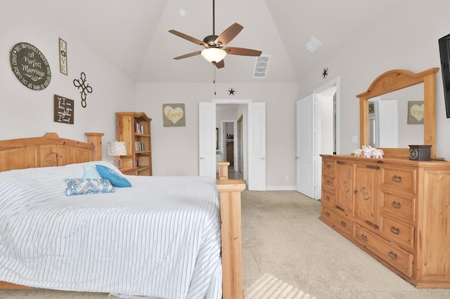 9103 Lacombe Ln, Tomball, TX 77375 - bedroom with light carpet, baseboards, a ceiling fan, high vaulted ceiling, and ensuite bath