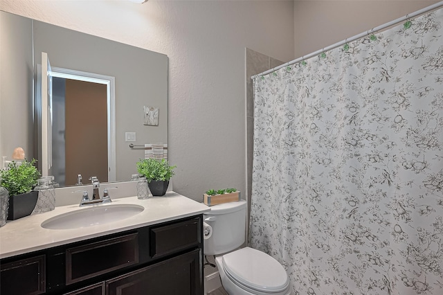10147 Deerpark Dr, Missouri City, TX 77459 - bathroom with vanity, toilet, and a shower with curtain