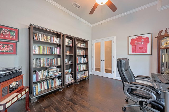 10147 Deerpark Dr, Missouri City, TX 77459 - home office featuring french doors, a ceiling fan, crown molding, and dark wood finished floors