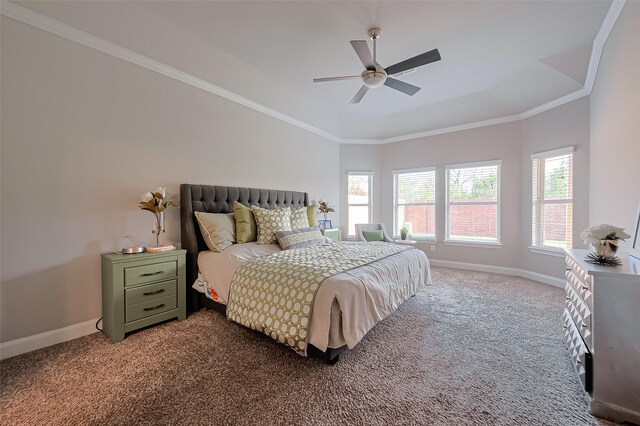 10147 Deerpark Dr, Missouri City, TX 77459 - carpeted bedroom with vaulted ceiling, multiple windows, baseboards, ornamental molding, and a ceiling fan