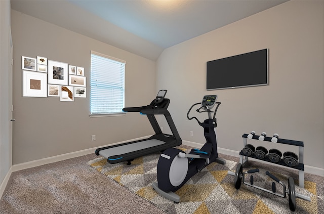 10147 Deerpark Dr, Missouri City, TX 77459 - workout room with baseboards, carpet flooring, and lofted ceiling