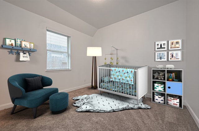 10147 Deerpark Dr, Missouri City, TX 77459 - carpeted bedroom with lofted ceiling, baseboards, and a crib