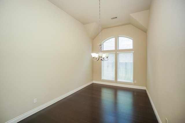 14110 Green Thicket Dr, Pearland, TX 77584 - spare room with a chandelier, baseboards, dark wood-style flooring, and vaulted ceiling