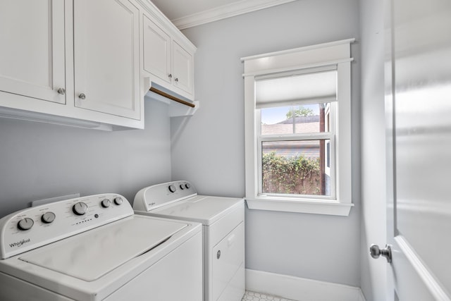 823 E 27th St, Houston, TX 77009 - laundry area with washing machine and dryer, cabinet space, crown molding, and baseboards