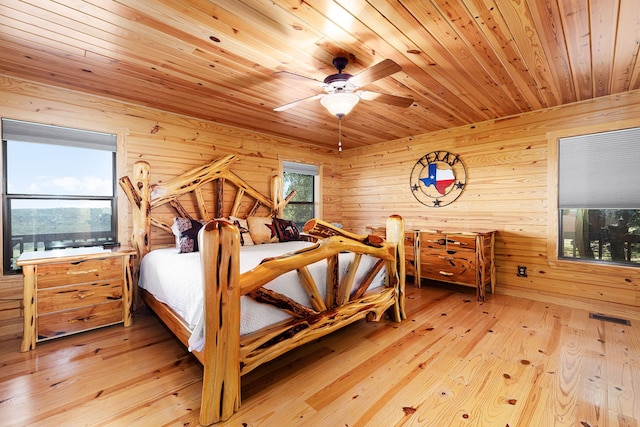 1012 Mourning Dove, Canyon Lake, TX 78133 - bedroom with wooden ceiling, wooden walls, and light wood finished floors