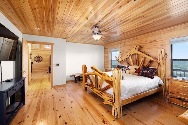 1012 Mourning Dove, Canyon Lake, TX 78133 - bedroom with wood ceiling, light wood-style floors, ceiling fan, and wood walls