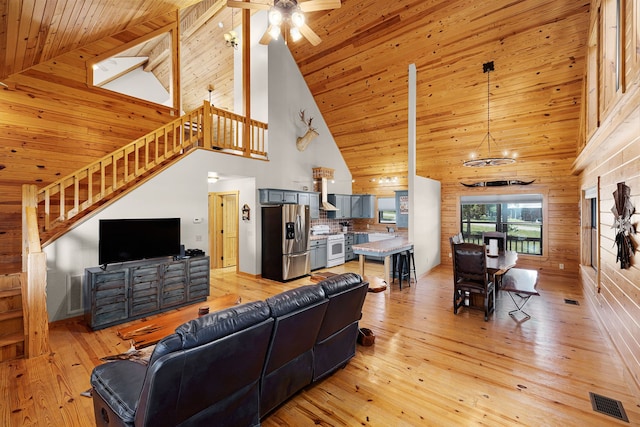 1012 Mourning Dove, Canyon Lake, TX 78133 - living area with high vaulted ceiling, stairs, light wood-style flooring, wood ceiling, and ceiling fan