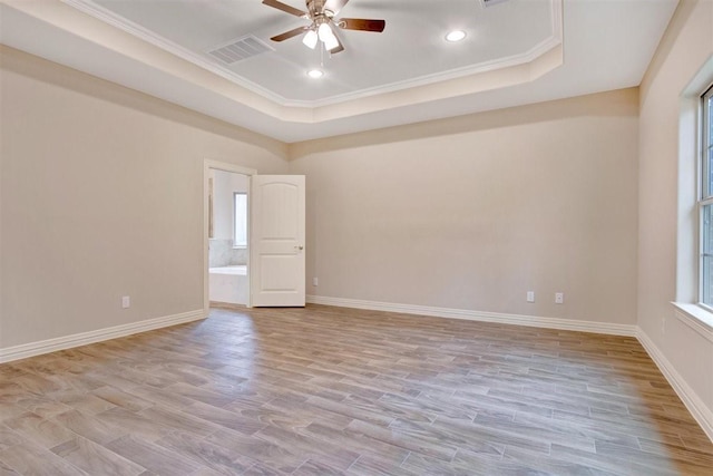 1805 Rollingwood Dr, Huntsville, TX 77340 - unfurnished room with plenty of natural light, a ceiling fan, ornamental molding, a raised ceiling, and recessed lighting