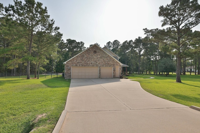 29122 Champions Dr, Magnolia, TX 77355 - view of front of home featuring concrete driveway, a garage, stone siding, and view of scattered trees