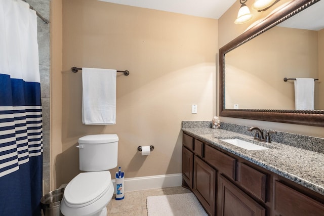 29122 Champions Dr, Magnolia, TX 77355 - bathroom featuring baseboards, vanity, toilet, tile patterned floors, and curtained shower