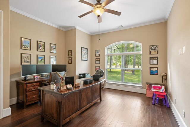 29122 Champions Dr, Magnolia, TX 77355 - office area with dark wood finished floors, a ceiling fan, ornamental molding, and baseboards
