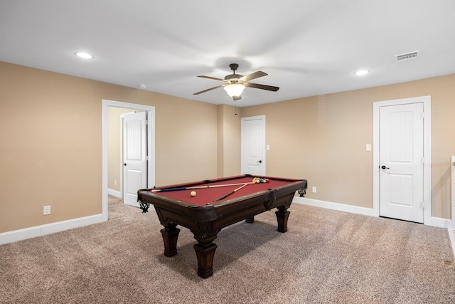 29122 Champions Dr, Magnolia, TX 77355 - playroom featuring a ceiling fan, billiards table, carpet flooring, baseboards, and recessed lighting