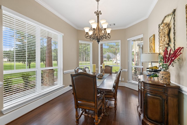 29122 Champions Dr, Magnolia, TX 77355 - dining room featuring a chandelier, ornamental molding, dark wood-type flooring, and baseboards
