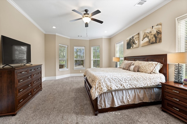 29122 Champions Dr, Magnolia, TX 77355 - bedroom featuring carpet floors, ornamental molding, recessed lighting, baseboards, and ceiling fan