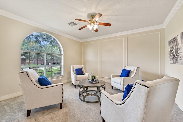 1217 Red Wing Dr, Friendswood, TX 77546 - sitting room featuring ceiling fan, carpet flooring, ornamental molding, and baseboards