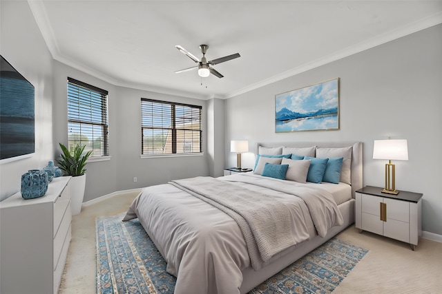 19907 Westside Forest Dr, Houston, TX 77094 - bedroom featuring light colored carpet, crown molding, baseboards, and ceiling fan
