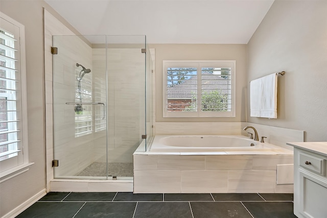 1405 Blueberry Ln, Friendswood, TX 77546 - bathroom with a bath, tile patterned floors, a shower stall, and vanity