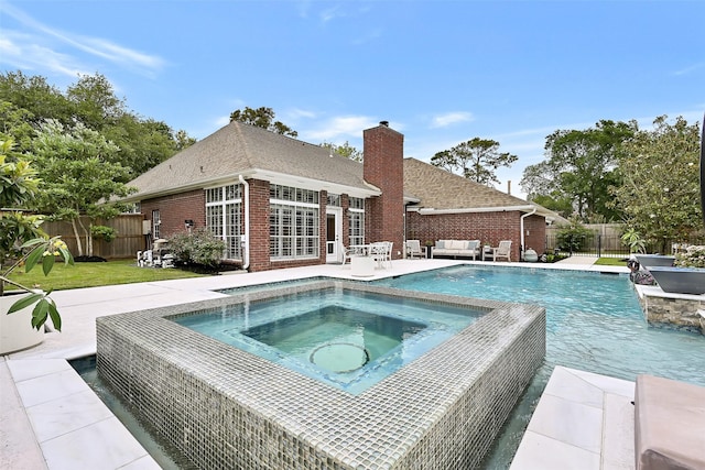 1405 Blueberry Ln, Friendswood, TX 77546 - view of pool with an in-ground hot tub, outdoor lounge area, a fenced backyard, and a patio