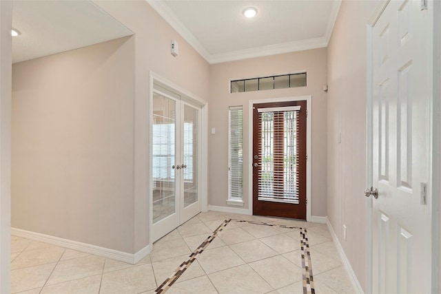 14106 Glen Canon Ln, Houston, TX 77069 - foyer with french doors, ornamental molding, baseboards, light tile patterned floors, and recessed lighting