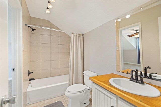 14106 Glen Canon Ln, Houston, TX 77069 - bathroom featuring shower / bath combo, vanity, toilet, tile patterned floors, and lofted ceiling