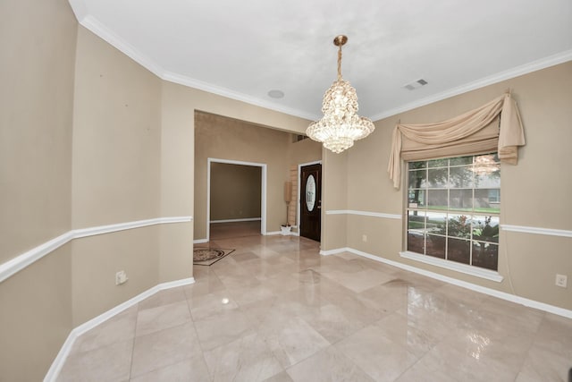 20902 Montana Bend Ln, Cypress, TX 77433 - empty room featuring a chandelier, ornamental molding, baseboards, and light marble finish floors