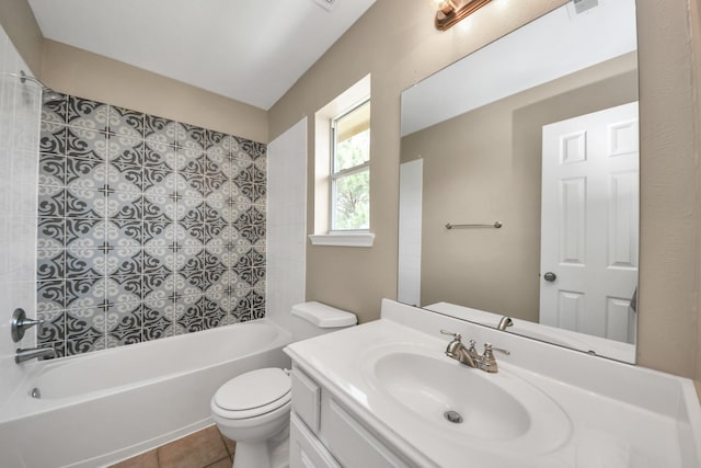 20902 Montana Bend Ln, Cypress, TX 77433 - bathroom with toilet, vanity, bathing tub / shower combination, and tile patterned flooring