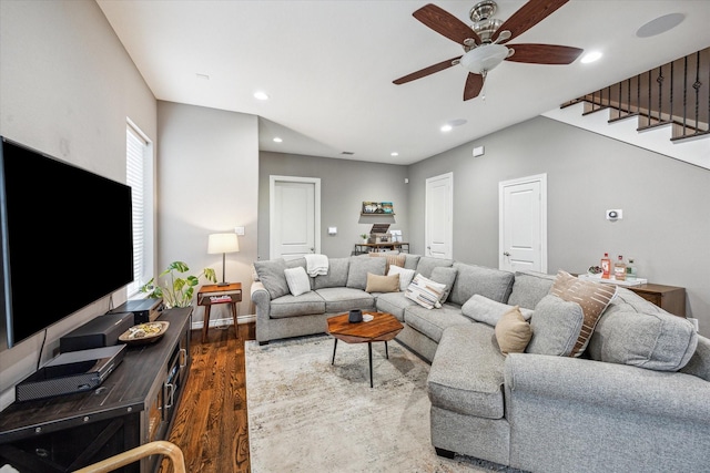 1115 E 27th St, Houston, TX 77009 - living room with a ceiling fan, dark wood-type flooring, recessed lighting, stairway, and baseboards