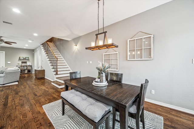 1115 E 27th St, Houston, TX 77009 - dining space featuring stairway, wood finished floors, baseboards, a ceiling fan, and recessed lighting