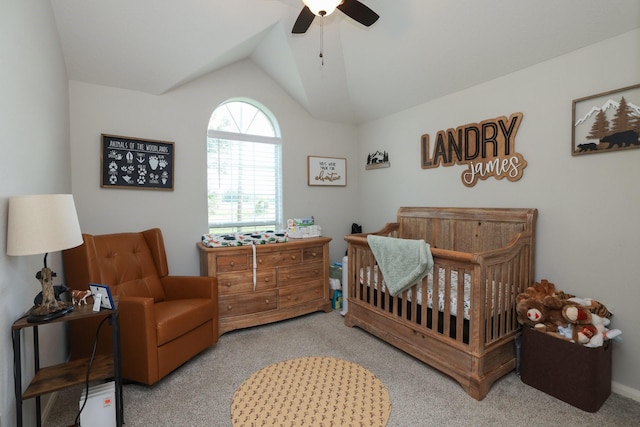 301 Redwood St, Prairie View, TX 77445 - bedroom featuring carpet floors, lofted ceiling, a crib, and a ceiling fan