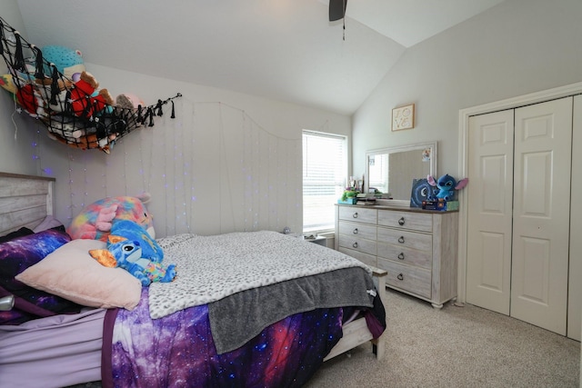301 Redwood St, Prairie View, TX 77445 - bedroom with carpet, lofted ceiling, a closet, and a ceiling fan