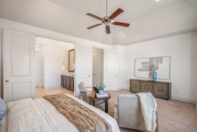 1217 E 28th St, Houston, TX 77009 - bedroom featuring baseboards, high vaulted ceiling, ensuite bath, a ceiling fan, and light colored carpet