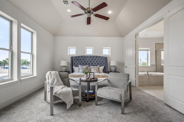 1217 E 28th St, Houston, TX 77009 - carpeted bedroom featuring lofted ceiling, ensuite bath, recessed lighting, and ceiling fan