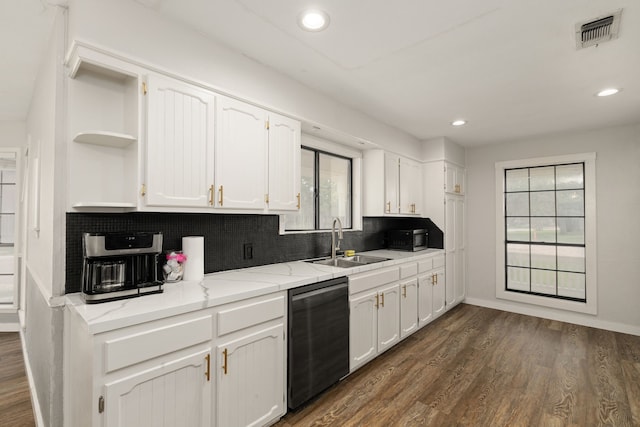 402 Teakwood Dr, Victoria, TX 77901 - kitchen featuring dishwasher, a sink, open shelves, white cabinets, and tasteful backsplash
