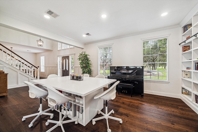 1318 N Gabriel River Cir, Sugar Land, TX 77478 - home office with ornamental molding, plenty of natural light, dark wood-style floors, recessed lighting, and baseboards