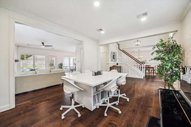 1318 N Gabriel River Cir, Sugar Land, TX 77478 - home office featuring dark wood-style floors, crown molding, a chandelier, ceiling fan, and recessed lighting