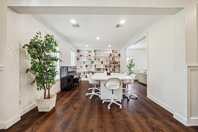 1318 N Gabriel River Cir, Sugar Land, TX 77478 - dining area featuring ornamental molding, dark wood-style floors, recessed lighting, baseboards, and an office area