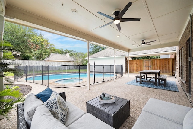 1318 N Gabriel River Cir, Sugar Land, TX 77478 - view of swimming pool with an outdoor living space, a fenced backyard, a patio area, and ceiling fan