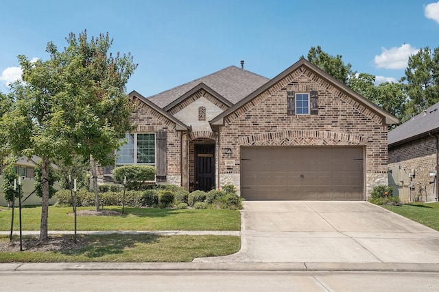 10029 Red Beadtree Pl, Conroe, TX 77385 - french country home featuring brick siding, driveway, a garage, a front lawn, and stone siding