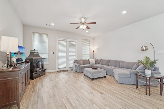10029 Red Beadtree Pl, Conroe, TX 77385 - living room with a ceiling fan, light wood-style flooring, recessed lighting, and baseboards