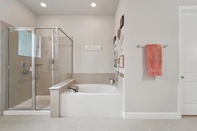 10029 Red Beadtree Pl, Conroe, TX 77385 - full bath with a garden tub, a stall shower, tile patterned flooring, and recessed lighting