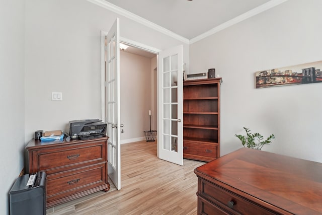 10029 Red Beadtree Pl, Conroe, TX 77385 - home office featuring french doors, crown molding, light wood-style floors, and baseboards
