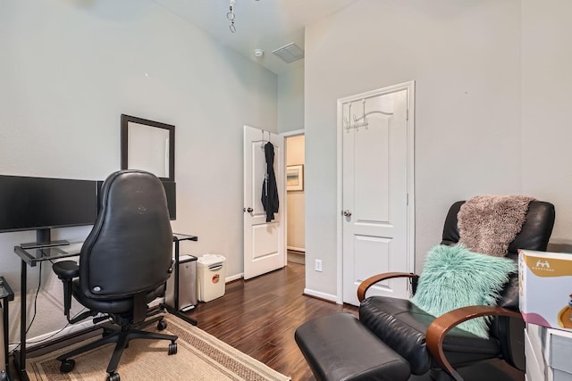 2604 Hewn Rock Way, Pearland, TX 77584 - office space with dark wood-type flooring, baseboards, and a towering ceiling