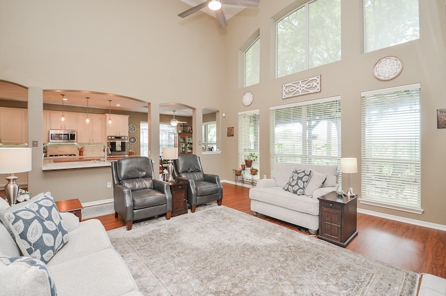 24511 Pelican Hill Dr, Katy, TX 77494 - living area with ceiling fan, arched walkways, wood finished floors, baseboards, and a towering ceiling