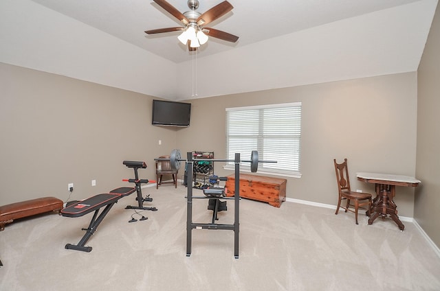 24511 Pelican Hill Dr, Katy, TX 77494 - exercise room with ceiling fan, baseboards, light carpet, and vaulted ceiling