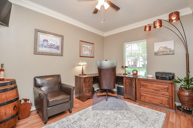 24511 Pelican Hill Dr, Katy, TX 77494 - office with ornamental molding, ceiling fan, and light wood-type flooring