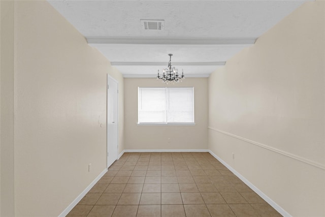 10211 Golden Meadow Dr, Houston, TX 77064 - spare room featuring a chandelier, beam ceiling, light tile patterned floors, and baseboards